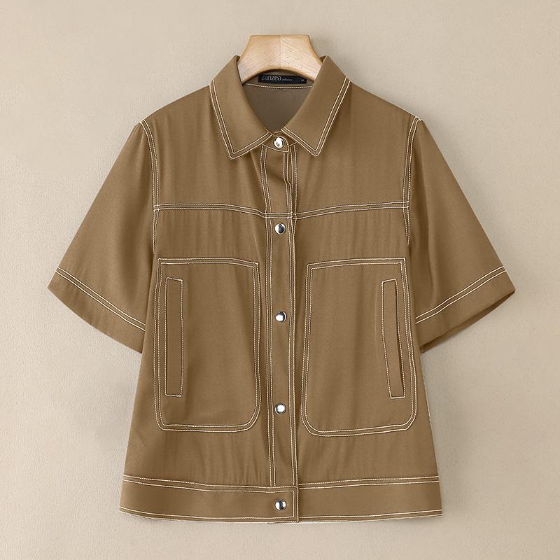 ZANZEA Women Casual Turn Down Collar Summer Short Sleeve Blouse