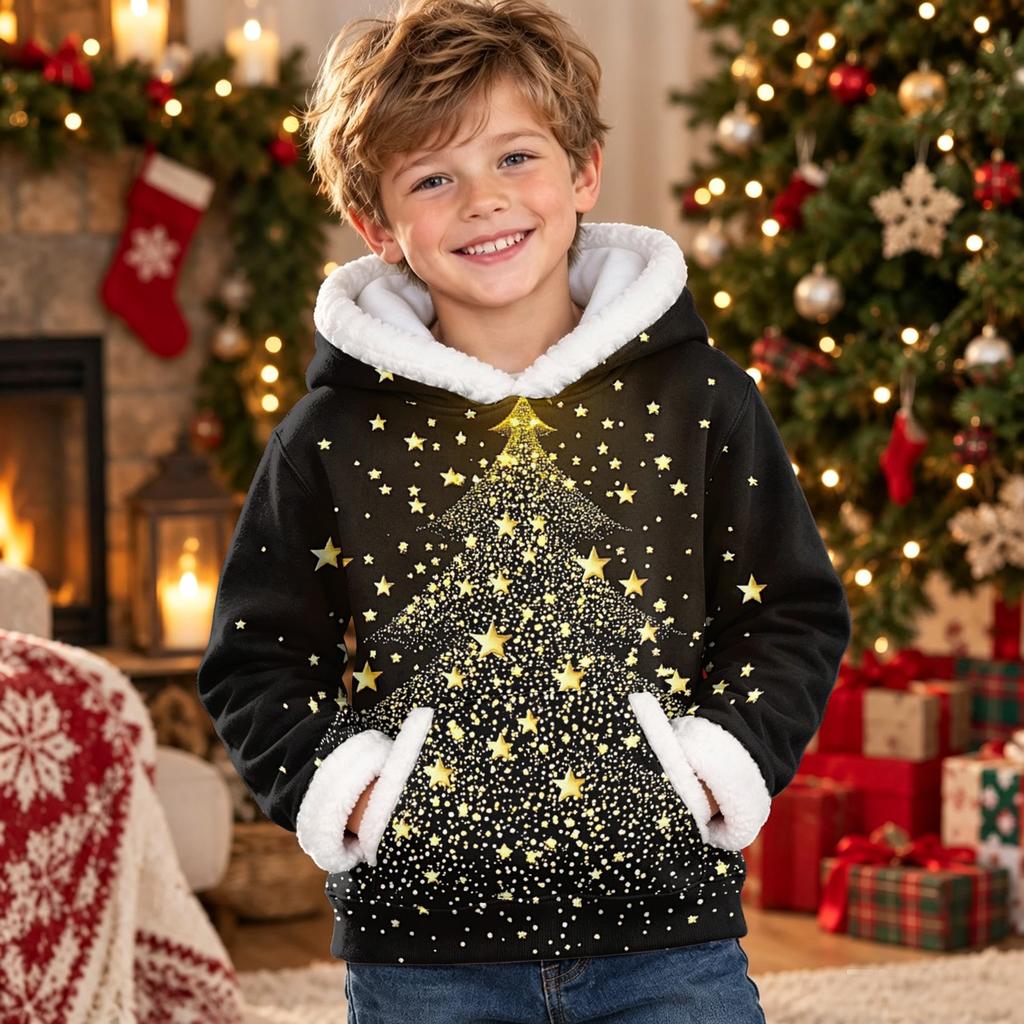 Kids Long Sleeve Christmas Print Casual Hooded Top for Boys and Girls Holiday Outfit