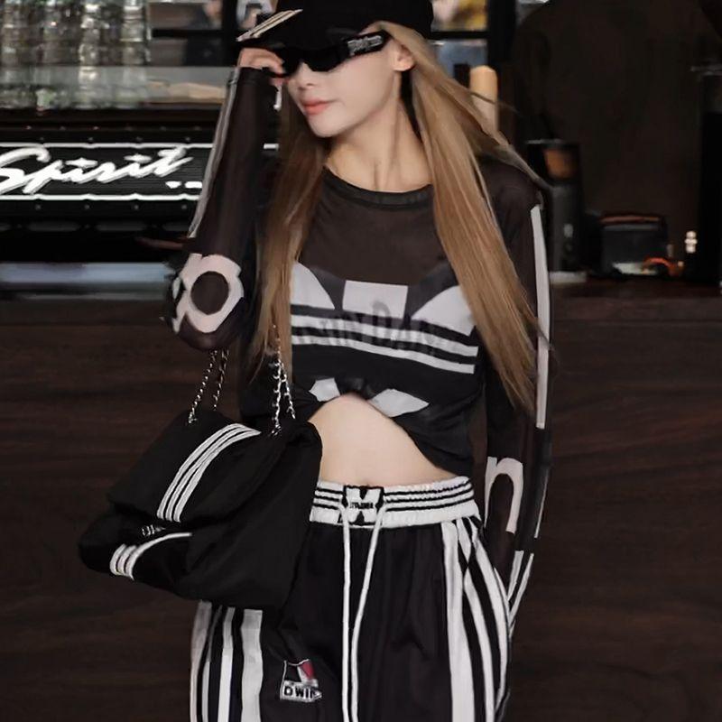 

2025 New Arrival Spring and Summer Original Design round Neck Fashion Breathable Mesh Letter Printed All-Matching Tops Plus Size Female Black Tops M