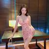 Nude Smudge Neck Sling Short Skirt Sexy V-neck High-waisted Mesh Low-cut Backless Pleated Dress