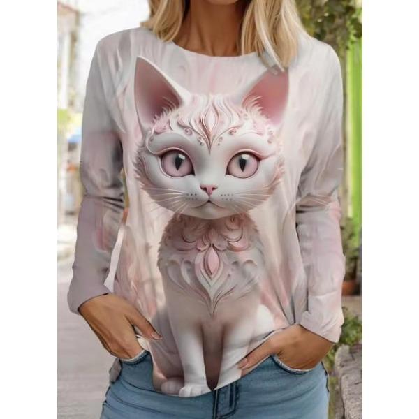 Camisetas de Mujer de Manga Larga Casuales de Moda con Cuello Redondo y Estampado de Gato Lindo con Impresión 3D para Primavera y Otoño