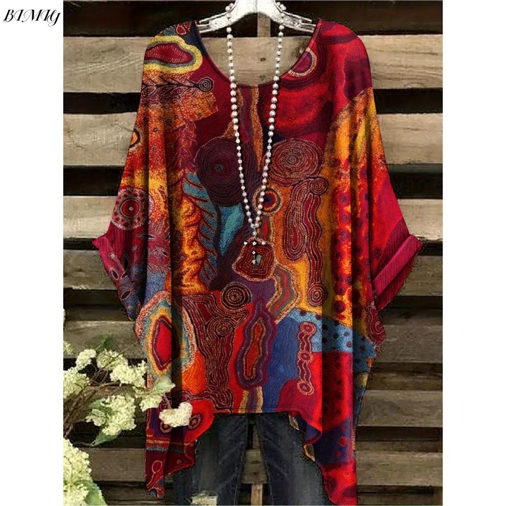 Boho Květinová Tunika Plus Size Dámské Boho Květinový Potisk Tunika Tričko Krátký Rukáv Kulatý Výstřih Ležérní Top Živý 2025