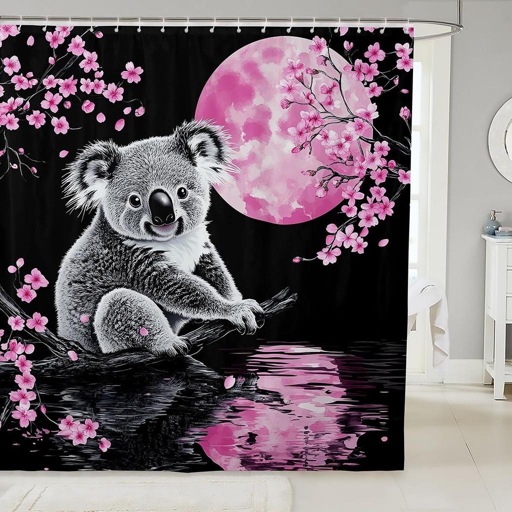 Japanese Cherry Blossom Capybara Fabric Shower Curtain,Pink Sakura Floral Moon Shower Curtain,Kids Bathroom Decor,Capybara