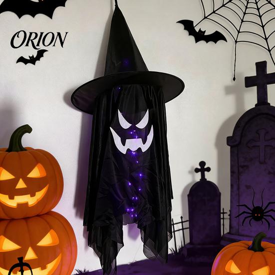 Halloween Yard Art for Decoration Hanging Ghost Decor with Wizard Hat, LED Light Up Colorful Lights Patio Windsock Porch Yard, Outdoor Spooky