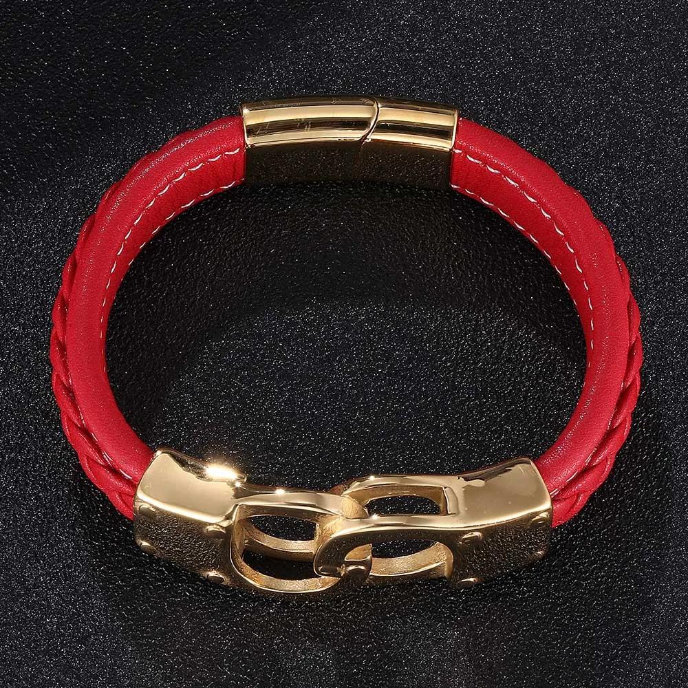 Punk Red Braided Leather Bracelet Stainless Steel Handcuffs Bracelets Buckle Wristband Jewelry Gifts