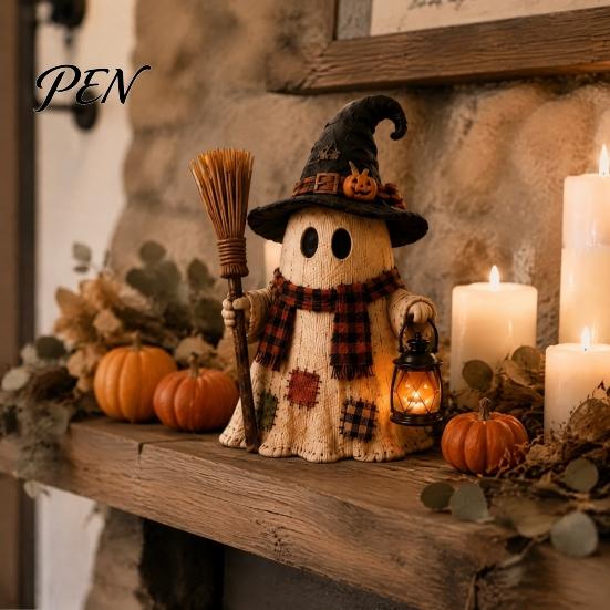 Small Apartment Ornaments Lighted Vintage Patchwork Ghost Figurine with LED Lantern, Rustic Farmhouse Halloween Figurine, Decorative Fall Figurines
