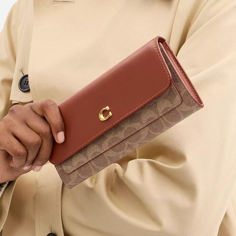 Neues COACH Beschichtetes Canvas mit Kalbsleder Geldbörse Trompeten Damen Messing & Karamell CAT55-B4XHG