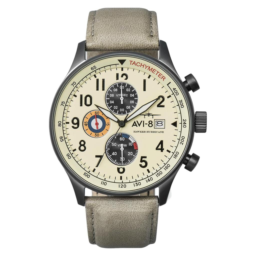AVI-8 Hawker Hurricane Klasický Chronograf Pánské Hodinky 43,5 mm - Pouzdro z Nerezové Oceli, Tachymetrická Stupnice a Datumovka, Minerální Sklíčko, 5 ATM Voděodolnost