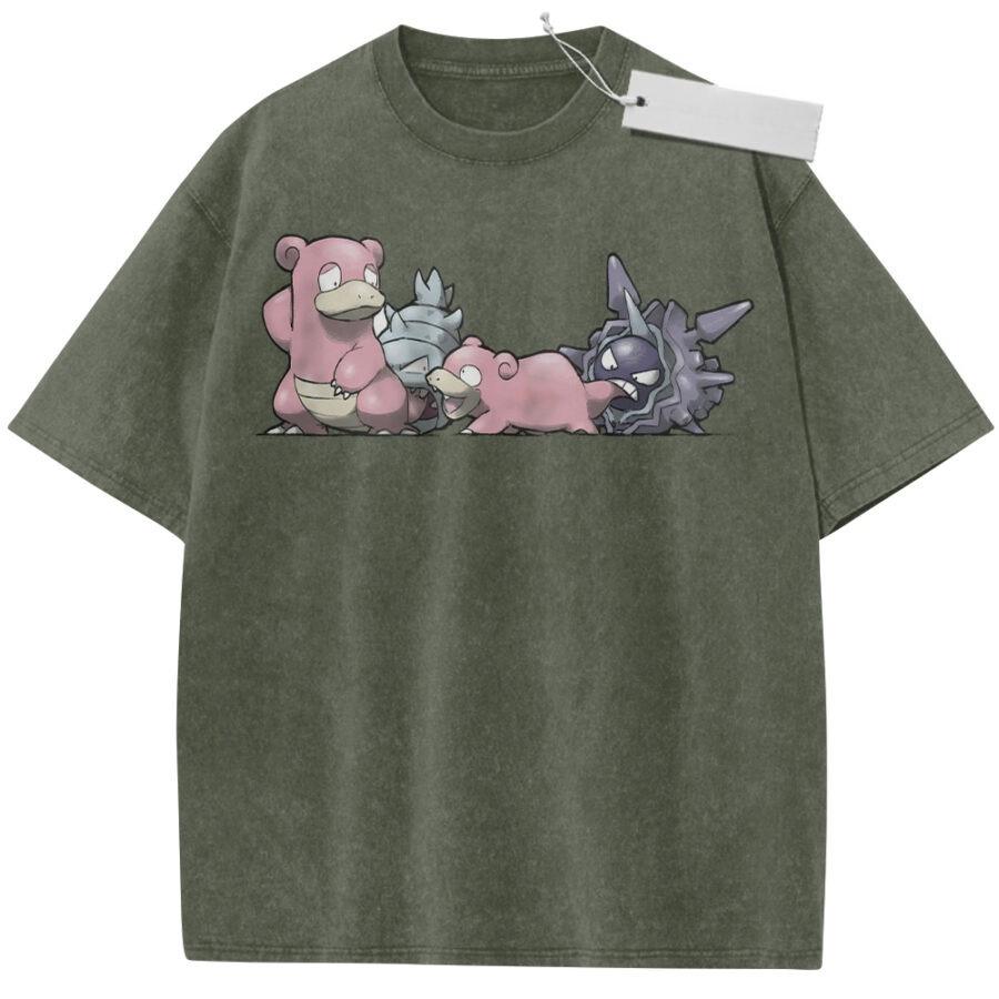 Unisex Washed Pink Vintage Tshirt Pokemon Slowbro Slowpoke Shellder Highquality Fabric for Home Leisure Travel Shopping