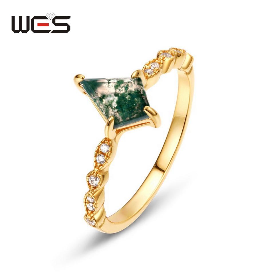 WES   CopperNatural Moss Agate Ring For Women Oval Cut Sea Grass Agate Flower Rings Wedding Party Jewelry Gift