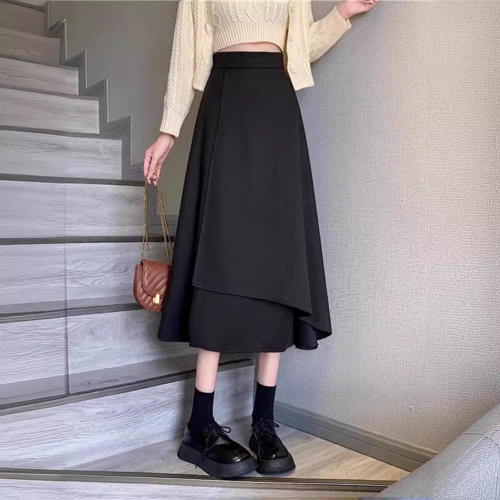 Women's Plus Size Black A-Line Midi Skirt - High Waist, Irregular Hem, Korean Style, Spring/Summer 2024 Collection