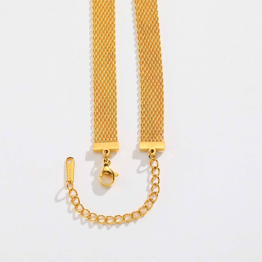 Wide-Faced Stainless Steel Mesh Chain Colored Zircon Gold Necklace Ladies 2381