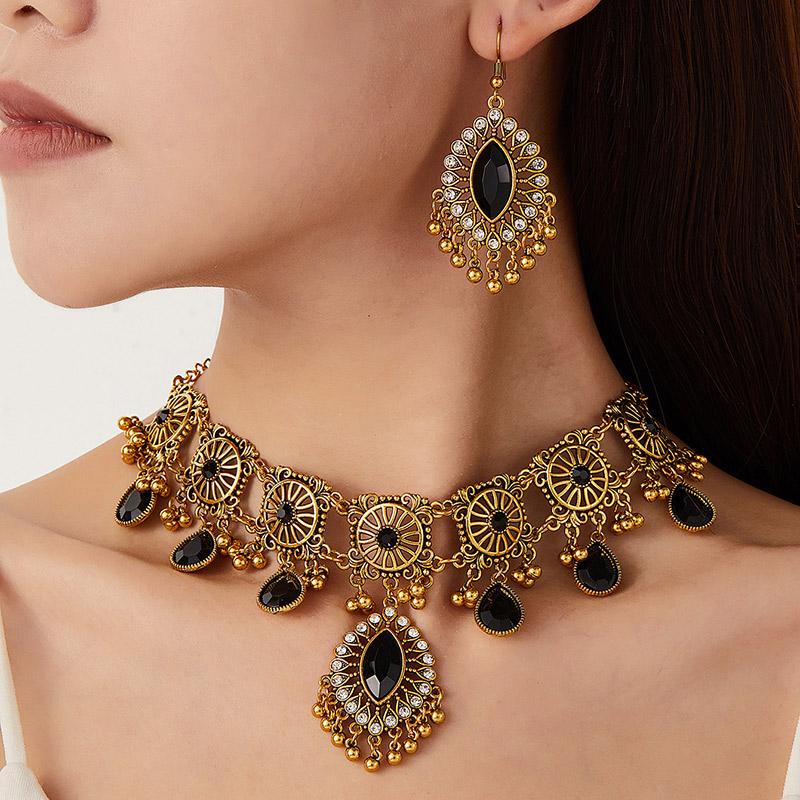 Ethnic Vintage Crystal Stone Jewelry Sets Hollow Water Drop Pendant Necklace Earrings for Women Gift