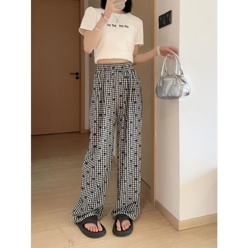 

Cute butterfly plaid pants summer thin loose breathable casual pants versatile high waist thin drape trousers M