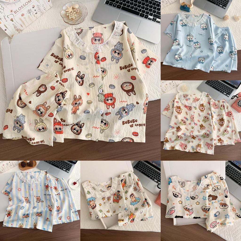 Crayon Shin Chan Hachiware Labubu Kinder-Schlafanzug-Set Aus Blasenbaumwollstoff Für Sommerlichen Komfort