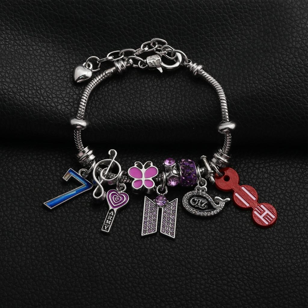 BTS Charm Bracelet OT7 Whale ARMY Logo Purple Crystal Beads Silver-Plated Snake Chain Jewelry Kpop Fan Gift for Army