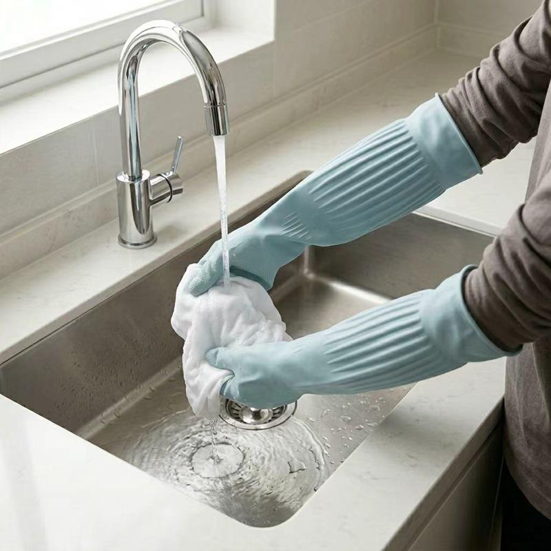 Extra Long Fleece-Lined Latex Dishwashing Gloves - Durable, Thickened Rubber for Household Cleaning