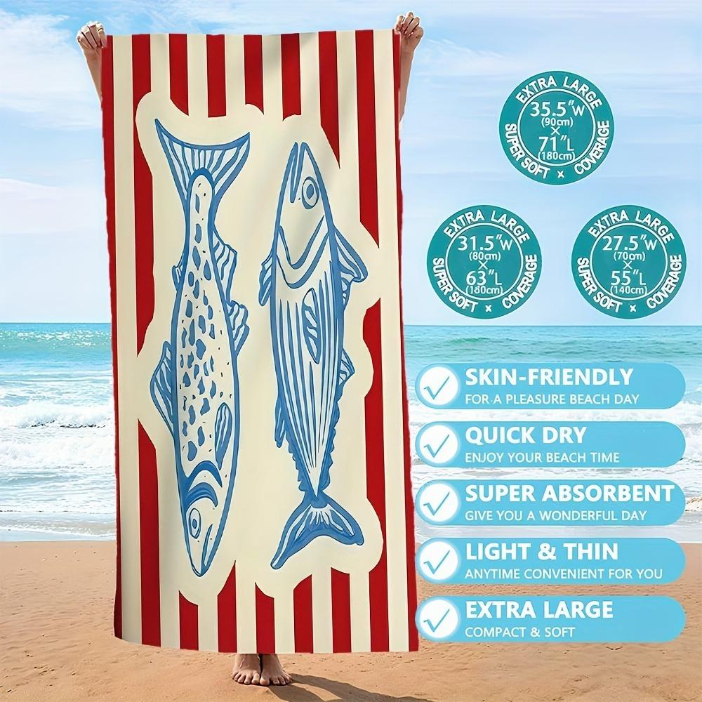 

Nautical Fish Striped Beach Towel, Retro Coastal Fish Print, Quick Dry Soft Towel for Beach & Pool Absorbent Oversized Bath Tow W30*H60(CM)