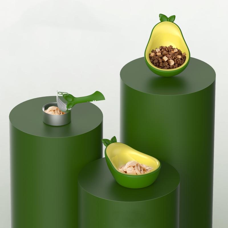 New 3-in-1 Multifunctional Avocado Pet Bowl Cat Food Drinking Can Opener Bowl Tilt Neck Guard