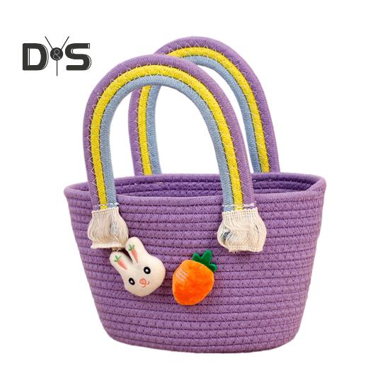 

Пасхальная плетеная корзина с ручкой, хлопковая плетеная корзина для яиц с кроликом и морковкой, пустой пасхальный мешок для угощений, подарков и конфет фиолетовый