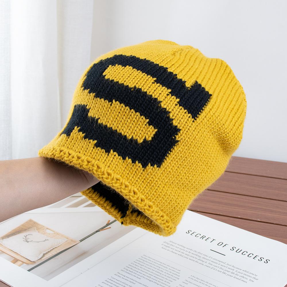 American loose retro contrasting color thick knitted hat bag head hat women's autumn and winter warm face small cold hat stack hat
