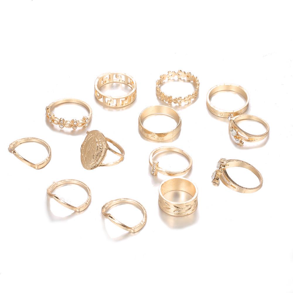 Madonna Summer Hit: 13-Piece English Diamond and Simple Flower Leaf Joint Ring Set