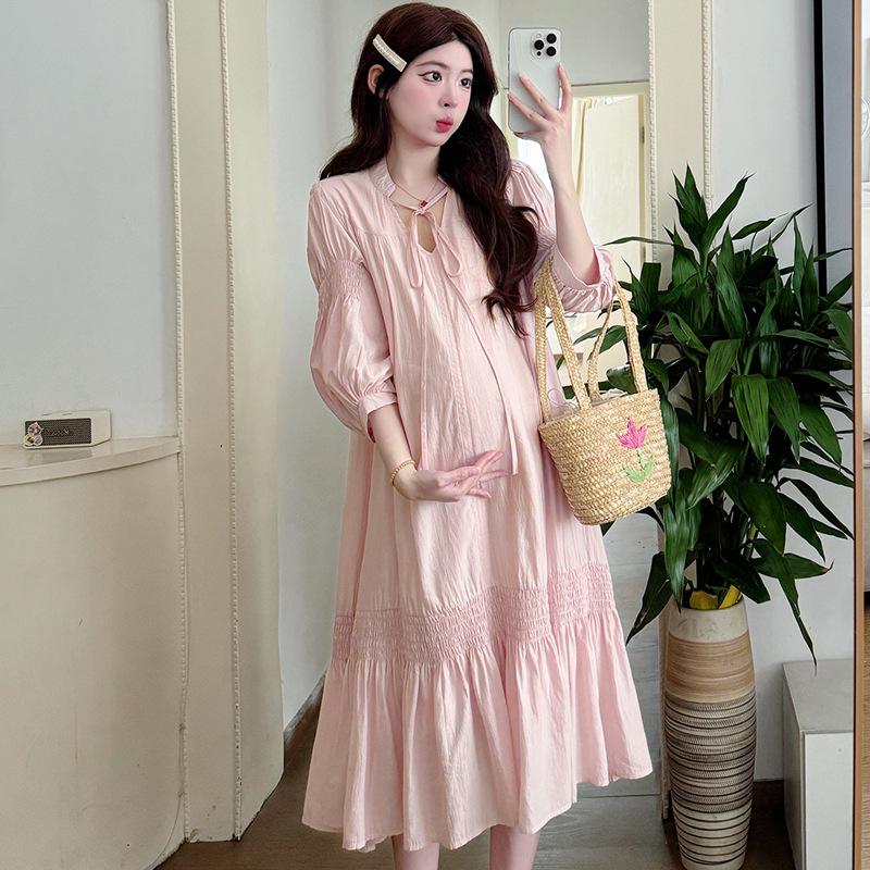 2026 Spring/Summer Solid V-Neck Lace-Up Loose Maternity Dress