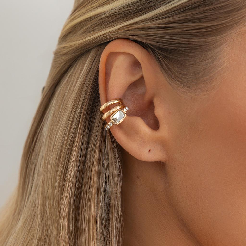 3 Layers Fashion Crystal Clip Earrings for Women Girls Minimalist Metal C-shaped Fake Piercing Ear Cuff Ear Jewelry Gifts