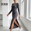 Daily Wear Autumn Dresses Women Round Neck Knitted Dress, Long Sleeve Pullover Sweater Formal Work Solid Color Stretchy Split Bodycon Dress for Winter