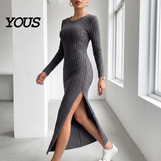 Daily Wear Autumn Dresses Women Round Neck Knitted Dress, Long Sleeve Pullover Sweater Formal Work Solid Color Stretchy Split Bodycon Dress for Winter