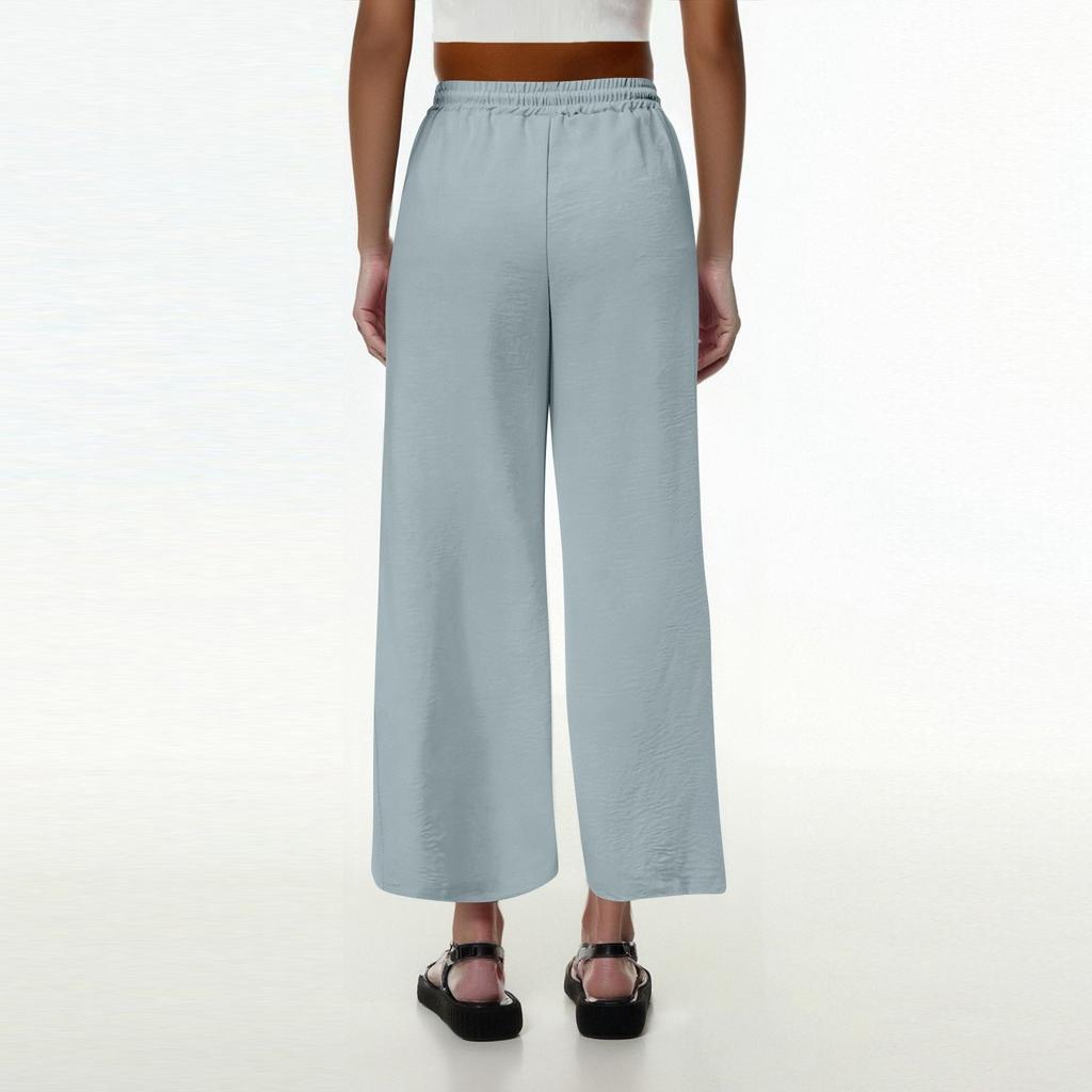 Women's Fashion Solid Color Drawstring High Waist Elastic Waist Pocket Wide Leg Casual Pants