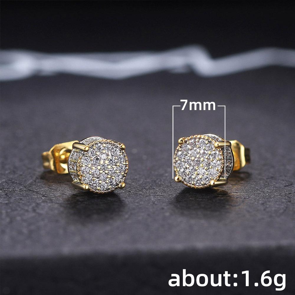 Cao Shi European and American Style Full Diamond Hip Hop Men's Stud Earrings with Micro-Inlaid Zircon and Electroplated Round Design
