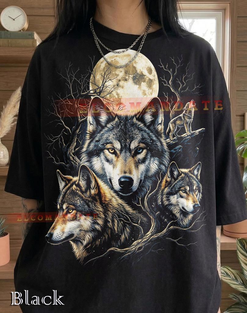 Vintage Wolves Moon Comfort Colors® Tshirt, Retro 90s Wolf Pack Graphic Tee, Animal Lover Y2K Streetwear Wilderness Nature Shirt