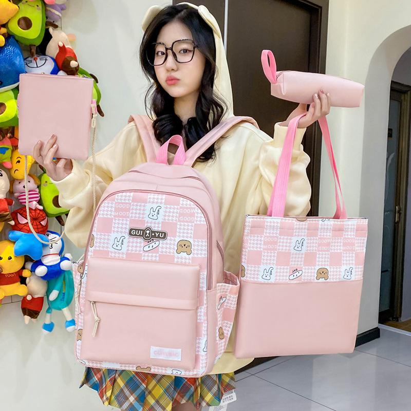 New Small Fresh and Cute Plaid Backpack Cartoon Bear Fashion Color Block Girl Backpack Junior High School Student School Bag