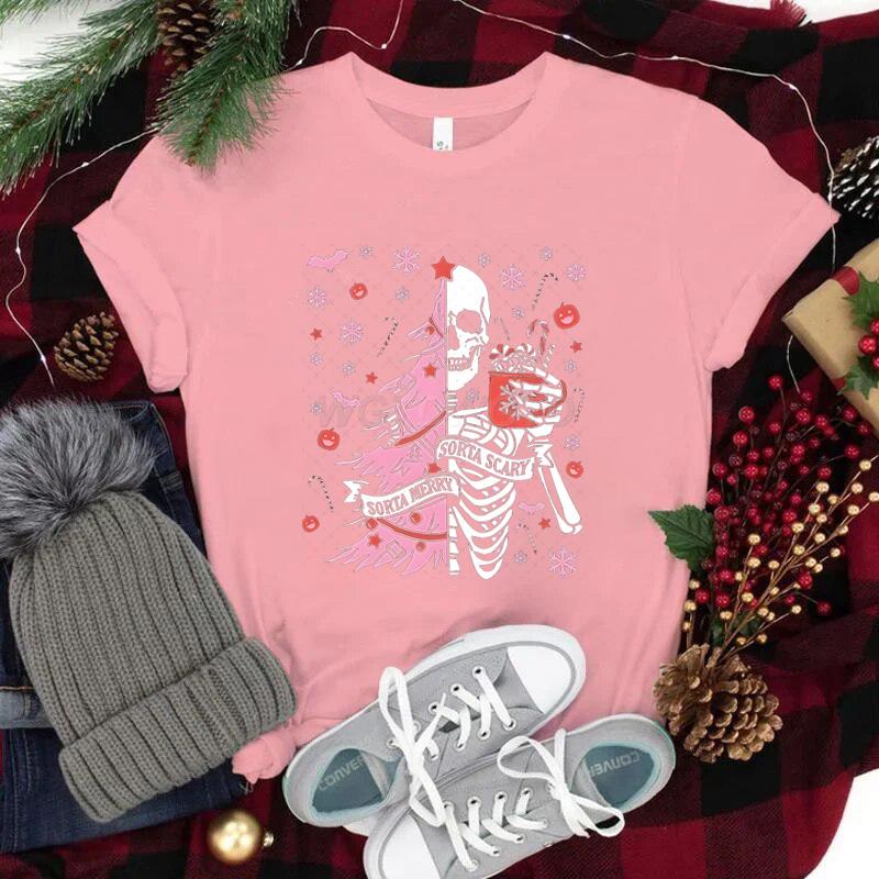 Street Christmas Fashion Short Sleeve Tshirts for Women Festive Skeleton with Coffee Tree Print Tshirt Festive Holiday Tee Top