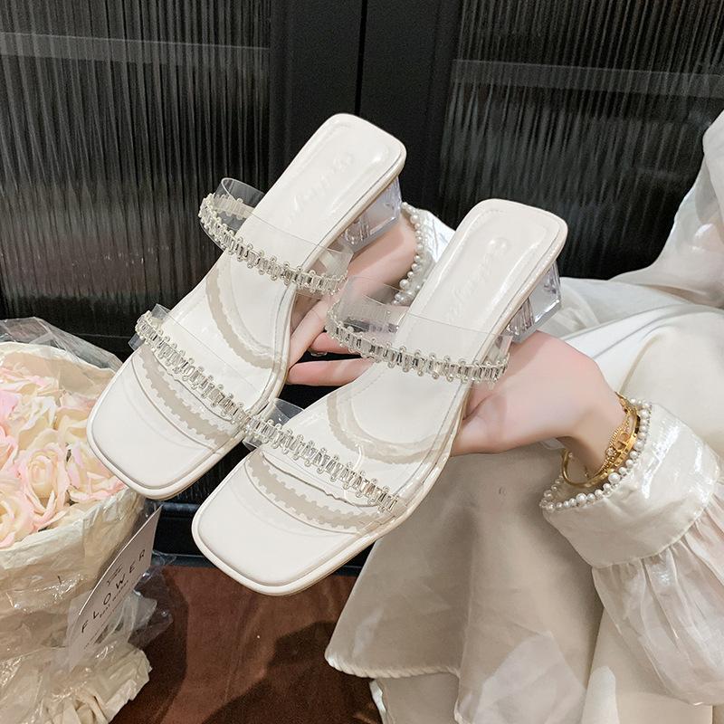 2025 new summer slippers outer wear fairy square head double row one-word diamond belt transparent thick heel sandals women's high heels