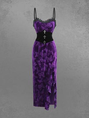 Rosegal Gothic Plus Size Butterfly Velvet Embossed Ruffles Split Cross Decor Rose Flower Trim Ruched Cami Dress