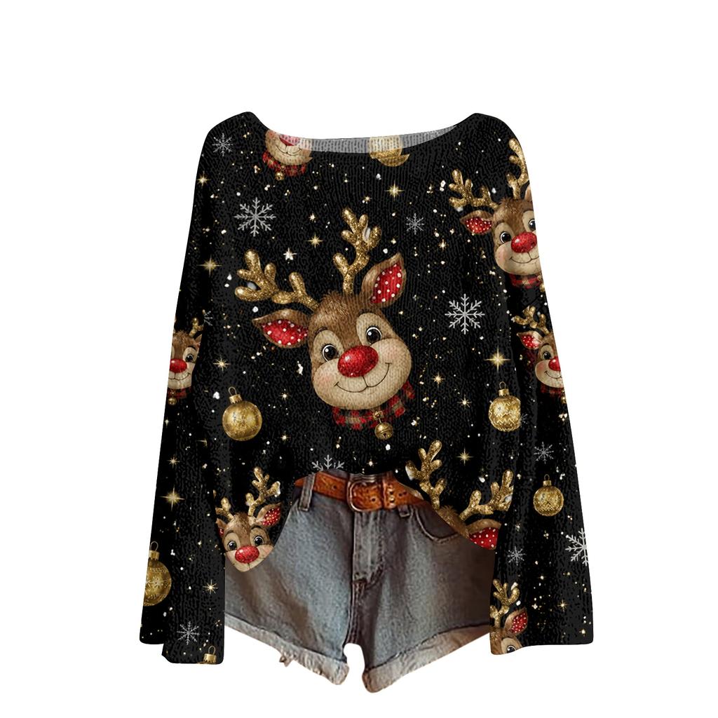 Women's Christmas Print Lightweight Knit Sweater Casual Long Sleeve Pullover Top