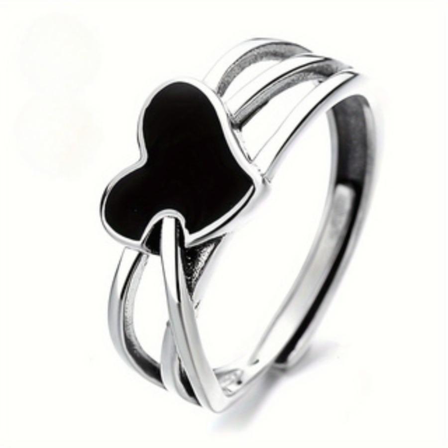 1pc Women's Fashion Wide Band Ring, Silver-Plated Multi-Layer Black Heart Ring, Minimalist Open Adjustable Hypoallergenic Index Finger Ring