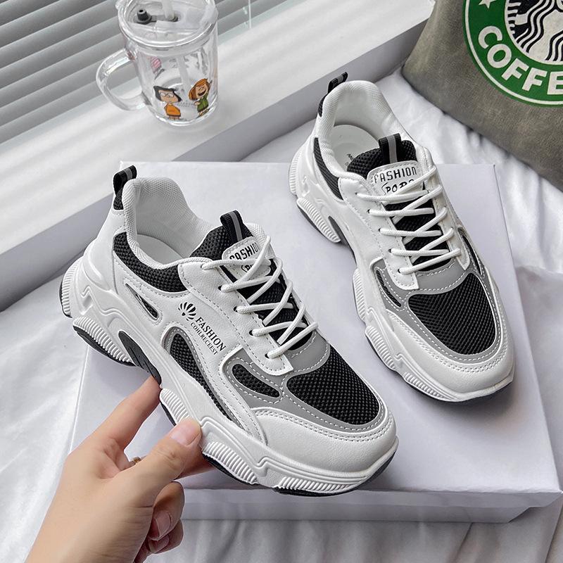 Dad shoes women's ins trendy versatile mesh breathable women's shoes summer dad shoes reflective heightening platform shoes black and white