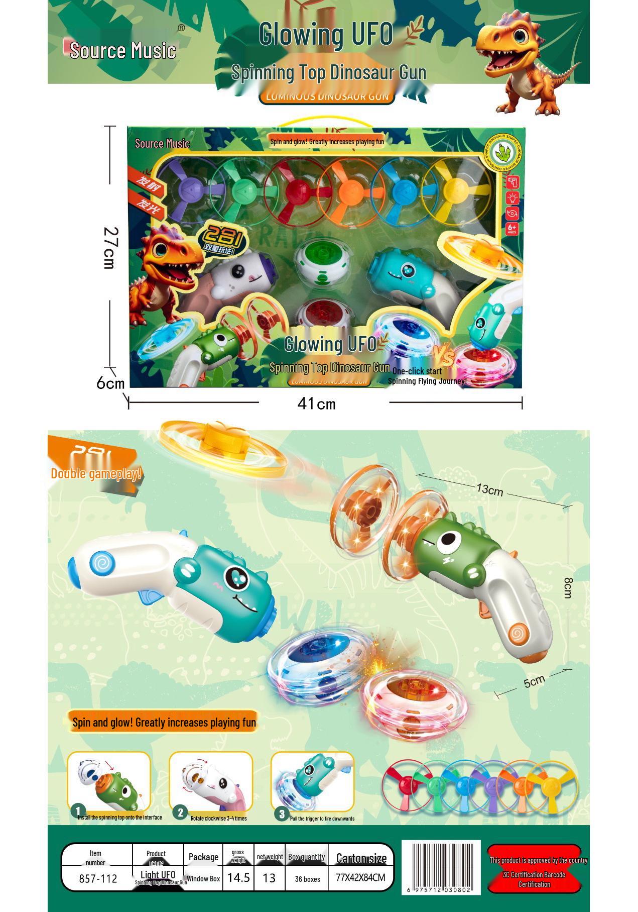 Luminous Cartoon Dinosaur Gyro Gun with Flying Saucer - Kids Outdoor Toy Gift Flying Saucer Gyro Dinosaur Gun 857-112