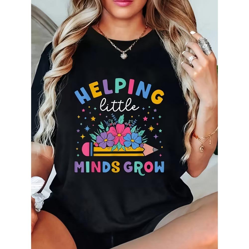 Happy First Day of School Print T-Shirt Women’s Crew Neck Short Sleeve Colorful Pencil Book Print for Back To School
