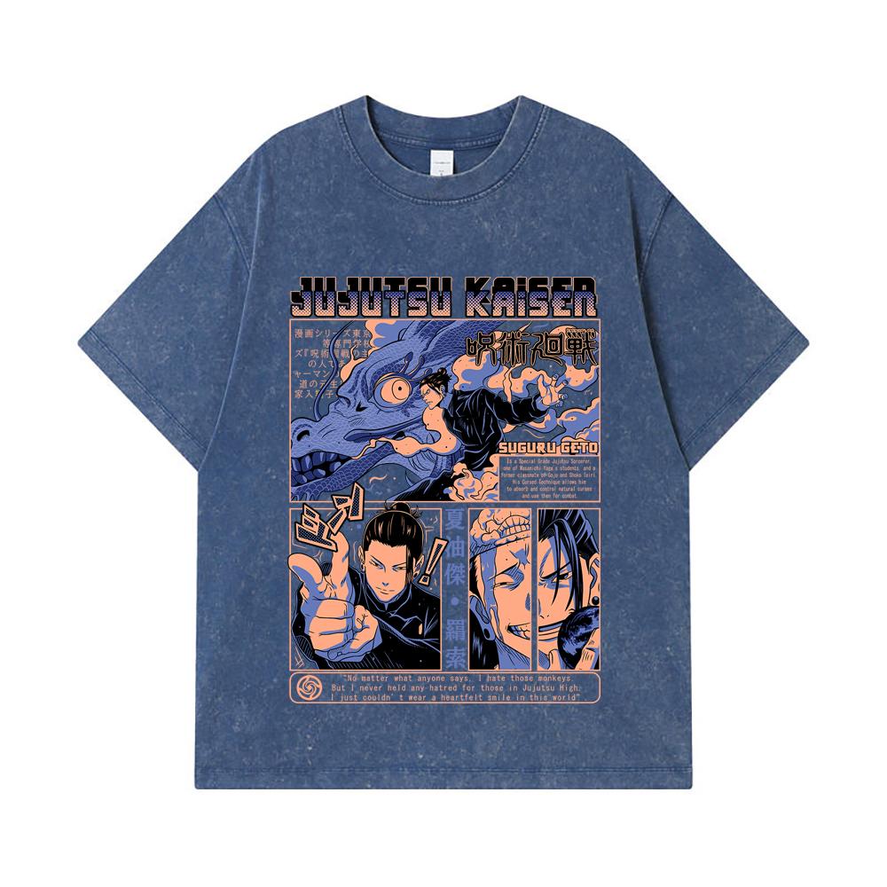 

275 GSM Washed T-shirts 100% Cotton Jujutsu Kaisen V13 Geto Print Unisex Heavy Cotton T Shirt 2XL королівський синій колір
