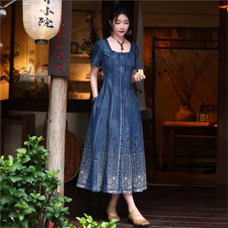 Johnature Woman Spring Niche Vintage Cowboy Chinese Style Dress Embroidery Single Breasted Fashion Short Sleeves Dress