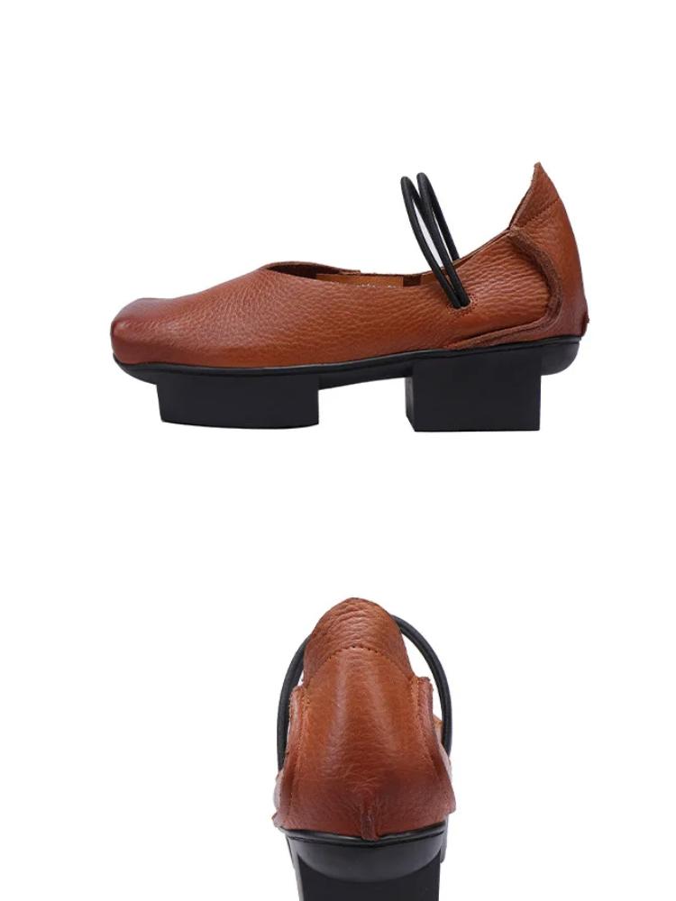 Johnature Vintage ekte kuskinn firkantet tå damesko Allsidig ekte skinn pumper med mellomhæl