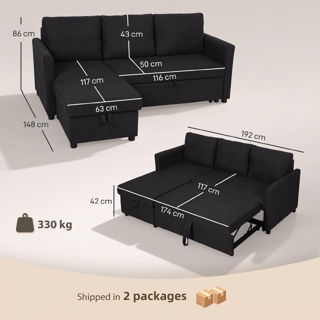 Convertible Corner Sofa, 3-Seater Sofa Bed 192 cm, Reversible Chaise Lounge, Anthracite Grey