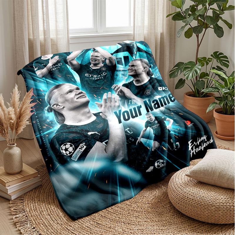 Erling Haaland Custom Name Text Flannel Blanket Soccer Logo Personalized Fleece Throw Blanket Special Gift For Sofa Bedroom Home