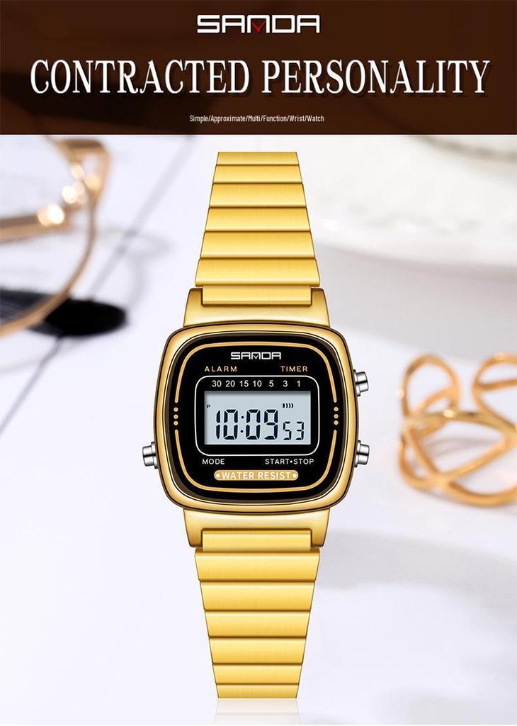 SANDA Retro Steel Band Square Dial Waterproof Alarm Clock Watch for Men & Women