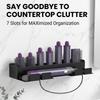 Adhesive-Mounted Hair Dryer and Curling Iron Holder with Open Wall Storage and Front Cord Retainers for Dressing Spaces
