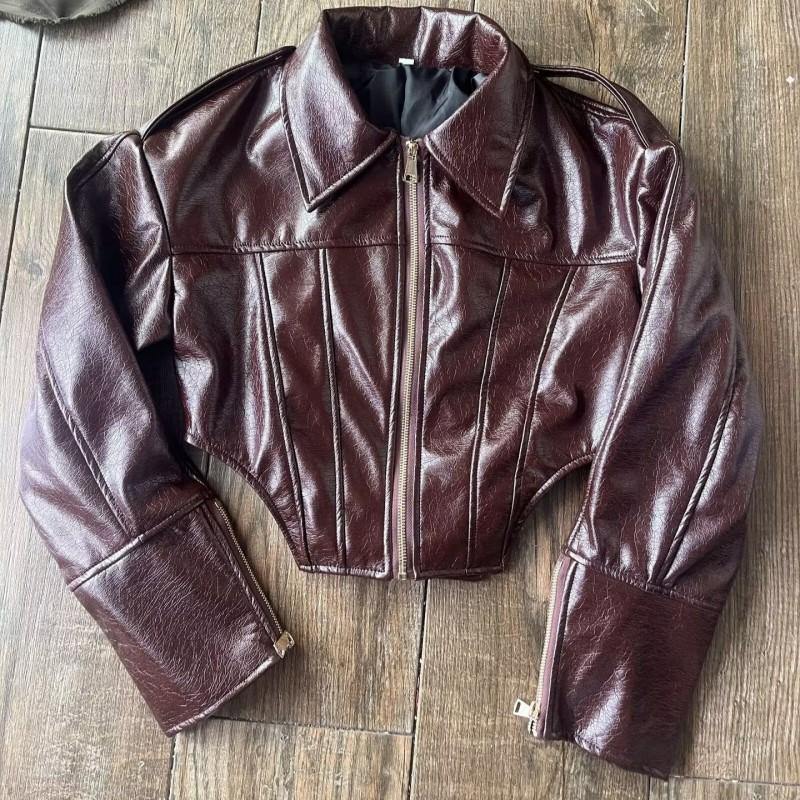 Womens Short PU Leather Jacket With Collar Long Sleeve Streetwear Chic Casual Coat